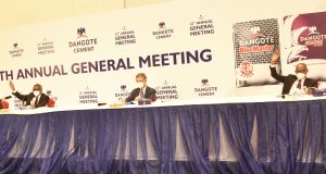 L-R: Chairman, Dangote Cement Plc, Aliko Dangote; Group Managing Director/CEO, Dangote Cement Plc, Michel Puchercos and Non-Executive Director, Dangote Cement Plc, Olakunle Alake  during the 12th Annual General Meeting (AGM) of Dangote Cement Plc, held in Lagos on Wednesday, May 26, 2021