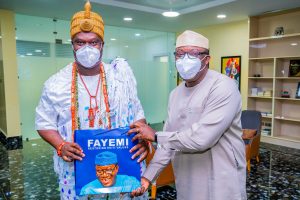 Ekiti State Governor, Dr kayode Fayemi with the Ooni of Ife, His Imperial Majesty Oba Adeyeye Enitan Ogunwusi, Ojaja II, during the monarch's courtesy visit to the Governor in his office, Ado-Ekiti...on Tuesday