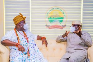 Ekiti State Governor, Dr kayode Fayemi with the Ooni of Ife, His Imperial Majesty Oba Adeyeye Enitan Ogunwusi, Ojaja II, during the monarch's courtesy visit to the Governor in his office, Ado-Ekiti...on Tuesday