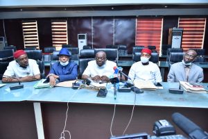 From L-R; Commissioner for Power, Barr Enyinna Onuegbu, Attorney General and Commissioner for Justice, Barr COC Akaolisa, Commissioner for Information and Strategy, Hon Declan Emelumba, Commissioner for Transport, Barr Rex Anunobi and CPS/Media Adviser to the Governor, Hon Oguwuike Nwachuku Briefing Newsmen after the State Exco meeting at the Sam Mbakwe Exco Chambers, Owerri