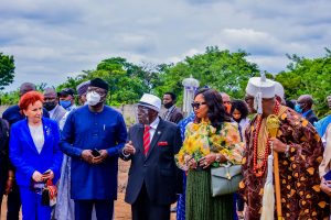 L-R: Vice Chancellor Afe Babalola University, Ado-Ekiti (ABUAD), Prof. Smaranda Olarinde; Ekiti State Governor, Dr. Kayode Fayemi; Founder, ABVAD, Aare Afe Babalola (SAN); his wife, Yeye Aare Modupe Babalola; and the Osemowe of Ondo Kingdom, Oba (Dr) Victor Kiladejo; during the commissioning of the University's Independent Power Plant (IPP) project and foundation laying of nine other projects at the University campus, in Ado Ekiti on Monday  