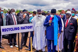 L-R: Chairman, Medical and Dental Council of Nigeria, Prof Abba Waziri; Ekiti State Governor, Dr. Kayode Fayemi: and Founder, Afe Babalola University, Ado-Ekiti (ABUAD), Aare Afe Babalola (SAN);  during the commissioning of the University's Independent Power Plant (IPP) project and foundation laying of nine other projects at the University Campus, in Ado Ekiti on Monday