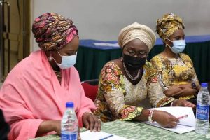 L-R: HE. Dr Zainab Bagudu, First Lady of Kebbi State, Arabinrin Betty Anyanwu-Akeredolu, Ondo First Lady, and Dr Adebimpe Adebiyi, Director Hospital Services, Federal Ministry of Health, at the Combined First and Second Quarter Meeting of the National Technical Working Group on Cancer Control and Prevention in Nigeria, at Rockview Hotel (Classic), Wuse II,  Abuja on Thursday, June 24, 2021