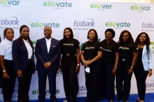 Left: Yemisi Olajide, Treasury Department; Carol Oyedeji Executive Director,  Commercial Bank; Patrick Akinwuntan  Managing Director; Manager, Commercial Banking Women Desk, Mojirayo Folarin-Lawal; Treasurer, Tokunbo Uko; Nike Kolawole, Head, Agency Banking; Ibukun Oyedeji, Chief Financial Officer and Anu Fanegan, Consumer Banking;  all of Ecobank  Nigeria Ltd 