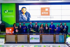 L-R: Mrs. Cathy Echeozo, Chairperson, NGX Regulation Ltd; Mr. Hezekiah Oyinlola, Non-Executive Director, GTBank Nigeria; Ibrahim Hassan, Non-Executive Director, GTBank Nigeria; Mr. Segun Agbaje, Group Chief Executive Officer, Guaranty Trust Holding Company (GTCO) Plc; Mr. Temi Popoola,CFA Chief Executive Officer, Nigerian Exchange (NGX) Limited; Mrs. Osaretin Demuren, Outgoing Chairman, GTBank Nigeria; Mrs. Miriam Olusanya, Executive Director, GTBank Nigeria; Mr. Seyi Osunkeye, Non- Executive Director, NGX Ltd and other NGX Ltd Executives during the Closing Gong Ceremony to mark the listing of GTCO Plc on the NGX yesterday in Lagos