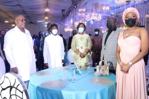 Delta Governor, Senator Dr. Ifeanyi Okowa (2nd left); his wife,Dame Edith (middle); Deputy Governor of Delta, Deacon Kingsley Otuaro (left); former Governor of the State, Chief James Ibori (2nd right) and his wife, Senami, at the Award/Gala Night organised by the State Government to conclude activities for the 30th anniversary celebration of the creation of the State held at the Event Centre, Asaba. Friday.