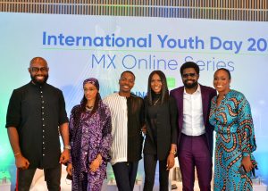 Left: Bankole Williams, Consultant, Career Coach; Hadiza Blell (Di’Ja) Singer & Songwriter; Adeoluwa Enioluwa, a Writer and Public Speaker; Jemima Osunde, Actress, Model and Presenter; Bright Okpocha (Basketmouth), Comedian and Actor and Ozinna Anumudu, expert in Fashion and Branding, at the digital seminar organized by Ecobank Nigeria to commemorate the International Youth Day in Lagos