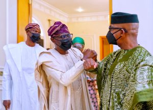  R-L: Son of the deceased and Ogun State Governor, Prince Dapo Abiodun exchanging greetings with Lagos State Governor, Mr. Babajide Sanwo-Olu, during a condolence visit in Iperu-Remo, Ogun State on Sunday, August 22, 2021. Behind the Lagos Governor is his Chief of Staff, Mr. Tayo Ayinde.