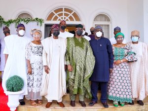 L-R: Lagos Commissioner for Home Affairs, Prince Olanrewaju Elegushi; Special Adviser to Lagos State Governor, Office of Civic Engagement, Princess Aderemi Adebowale; Governor Babajide Sanwo-Olu, son of the deceased and Ogun State Governor, Prince Dapo Abiodun; Ekiti State Governor, Dr. Kayode Fayemi; Lagos Commissioners - Pharm. (Mrs) Uzamat Akinbile-Yusuf (Tourism, Arts & Culture) and Dr. Wale Ahmed (Local Government & Community Affairs), during a condolence visit to Governor Abiodun and the family on the demise of his father, Pa Emmanuel Abiodun in Iperu-Remo, Ogun State on Sunday, August 22, 2021.