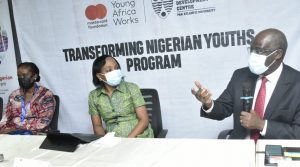 L-R, Beneficiaries Of Transformation of Nigerian Youths, Tobi Aminu, ( Nouvelle Foods) Amanda Omiachi, (ACHE Footwear), Director Enterprise Development Center, of PAN Atlantic University, Peter Bamkole, Roseline Adebayo, ( Flourish Land Entertainment) Rebecca Jan, (Becky James Fashion World) at the Media Briefing on Transforming Nigerian Youths organised by Enterprise Development Center (EDC) and Master Card Foundation in Lagos on Monday 11th October 2021, 