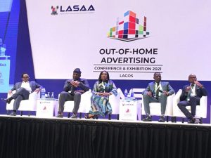 R-L: Jude Monye, Executive Director of Heritage Bank Plc; Adedamola Docemo, MD/CEO of Lagos State Signage and Advertisement Agency (LASAA); Joe Igbokwe, Senior Adviser to Governor on Drainage services; Tunji Bello, Commissioner of Environment; Hamzat Obafemi, Deputy Governor Lagos state; Belinda Odeneye, Permanent Secretary, Ministry of Environment & water resources; Adenike Adedoyin-Ajayi, PS Ministry of Tourism; Kayode Pitan, MD of Bank of Industry and kunle Adeniran, MD of Vatebra, during the 2021 Out-of-Home Advertising Conference and Exhibition organised by the Lagos State Signage and Advertisement Agency (LASAA) in partnership with Heritage Bank, held in Lagos recently.  
