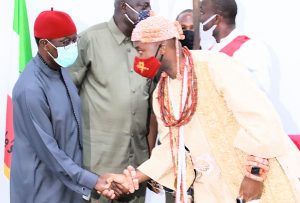 Delta Governor, Senator Dr. Ifeanyi Okowa (left) receiving His Royal Majesty, Ogiame Atuwatse III, the Olu of Warri when he led his council of chiefs on a courtesy visit to the Governor in Government House, Asaba, Thursday .PIX JIBUNOR SAMUEL