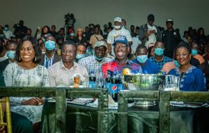 L-R: Wife of Edo State Deputy Governor, Maryann Shaibu; Deputy Governor, Rt. Hon. Comrade Philip Shaibu; Edo State Governor, Mr. Godwin Obaseki, and his wife, Betsy, during the Edo Mega Youth Concert held at the Victor Uwaifo Creative Hub in Benin City.  