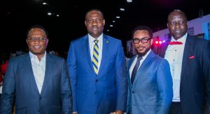 R-L: Jude Monye, Executive Director, Heritage Bank Plc and Dr. Kingsley Obiora, Deputy Governor, CBN, at the New Telegraph 2021 Awards, where Heritage Bank won the Banker of the Year (SMEs & Agric) of the year 2021, weekend in Lagos.  