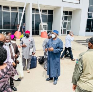  INEC Chairman, Prof Mahmood Yakubu (in blue), Father Kukah (in Cassock) and other top officials of the Commission.