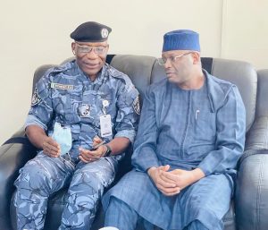 L-R: Commissioner of Police, Anambra State, Mr. Echeng E. Echeng and the INEC Chairman, Prof. Mahmood Yakubu during the discussion held at the Commission’s State Office, Akwa.