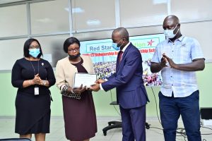 L– R: Company Secretary, Red Star Express Plc, Frances Akpomuka; one of the recipients of best teacher’s award in Oshodi Isolo LG, Mrs Esther Oyeleye of Bolade Junior High School; Group Managing Director, Red Star Express Plc and Representative of Oshodi Isolo Local Government Chairman, Mr Gbenga Soloki at the 2021/2022 annual Red Star Foundation award ceremony held Tuesday 30th November 2021 in Lagos.